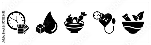 A set of 5 mix icons as dose, blood sugar, healthy meal
