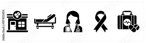 A set of 5 mix icons as medical store, stretcher, female doctor