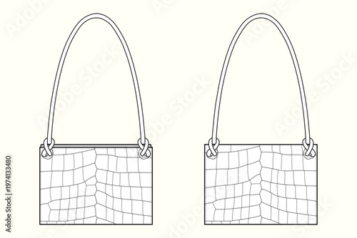 Rectangular Crocodile-Embossed Shoulder Bag with Knotted Cord Strap CAD Template