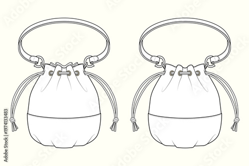 Modern Grommet-Detail Drawstring Bucket Bag with Curvature Panel Base Technical Flat Sketch Mockup Template