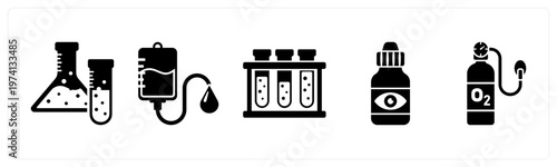 A set of 5 mix icons as flask, blood transfusion, test tubes