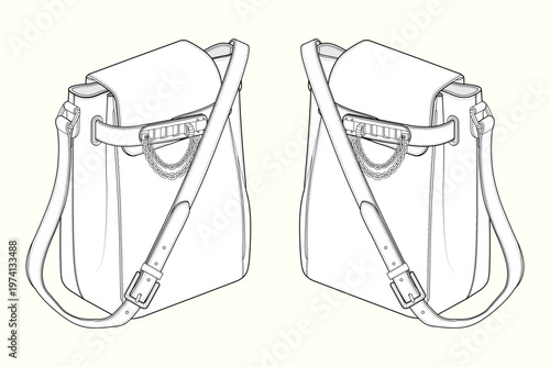 Luxury Chain Accent Crossbody Bucket Bag Fashion Technical Flat Sketch CAD