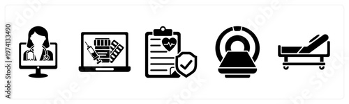 A set of 5 mix icons as online doctor, online pharmacy, medical insurance