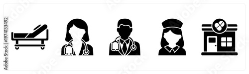 A set of 5 mix icons as stretcher, female doctor, male doctor