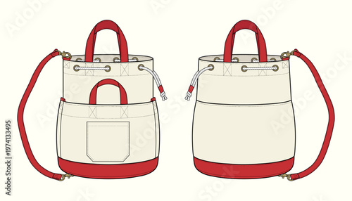 Nautical Hybrid Drawstring Utility Tote Bag Technical Flat Sketch