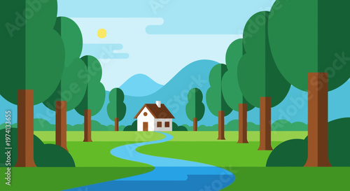 Scenic landscape with a cozy house and trees on transparent background silhouette