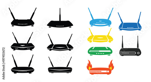 Colorful wireless routers in various designs and arrangements shown in a graphic