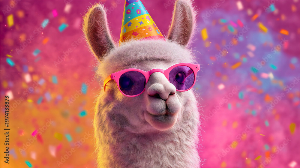 Naklejka premium Llama alpaca party birthday celebration confetti, sunglasses hat festive fun colorful vibrant, pink purple rainbow animal cute funny