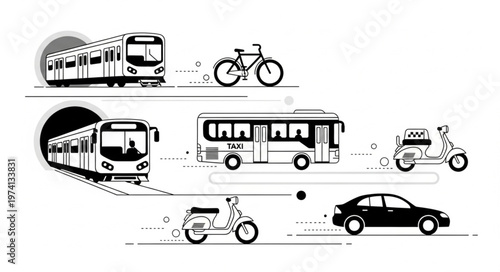 Diverse modes of transportation illustrated in a clean, modern style.