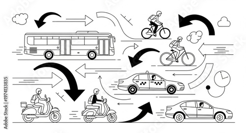 Diverse modes of transportation illustrated with arrows showing movement.