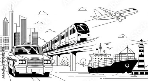 Diverse Modes of Transportation in a Modern Cityscape.