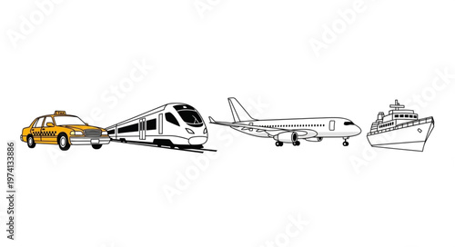 Diverse modes of transportation including taxi, train, airplane, and ship.