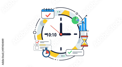 Clock with colorful business icons around.