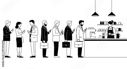 Diverse group of people waiting in line at a coffee shop counter.