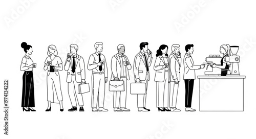 Diverse group of people waiting in line at a coffee shop counter.