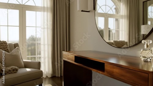 Luxurious bedroom with blue tufted headboard and bright morning light