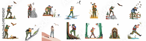 Collection of diverse wildlife photographers in camouflage gear capturing various bird species across different natural habitats in a flat vector style.