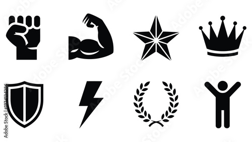 Power, fitness, victory and achievement icon collection, symbolizing energy, winning mindset, success journey, strong body, active lifestyle, ambition, excellence and competitive spirit in clean