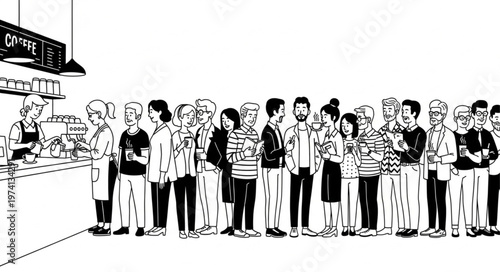 Diverse group of people waiting in line at a coffee shop counter.