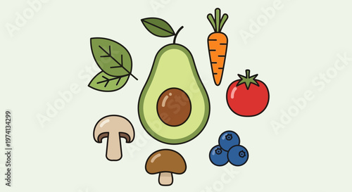 Fresh fruit and vegetables illustration.