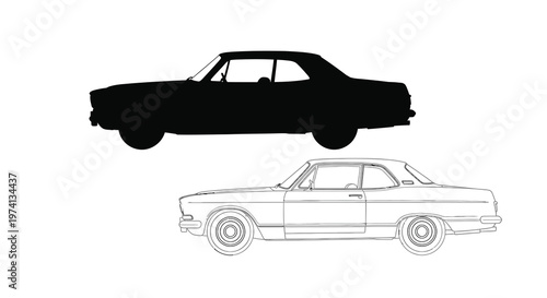 Classic car silhouettes a black solid form and a detailed line drawing
