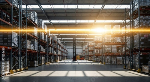 Warehouse Interior - Rows of Shelves with Goods and Bright Sunlight.