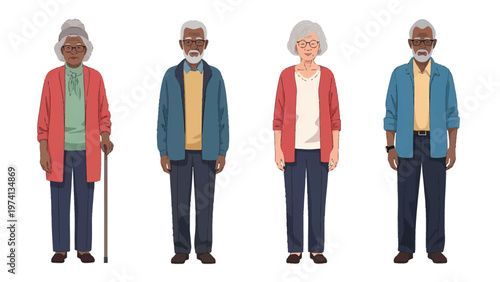 Diverse Senior Citizens Full-Body Vector Illustrations Set. Group of older men and women standing on white background.