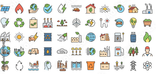 Collection of Icons Representing Renewable Energy Sources, Sustainable Practices, and Environmental Conservation Efforts