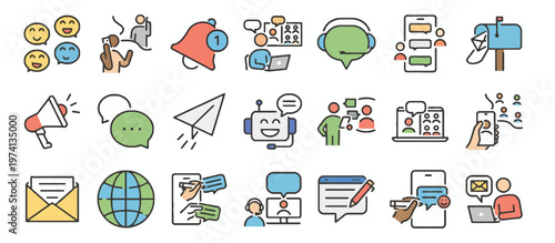 Essential collection of digital communication icons, representing online messaging, customer support, social interaction, and technology concepts for diverse modern applications