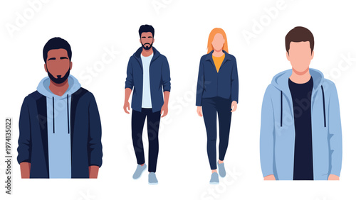 Diverse Young Adults in Casual Wear Flat Vector Illustration. Modern People in Hoodies and Jackets, Lifestyle Set
