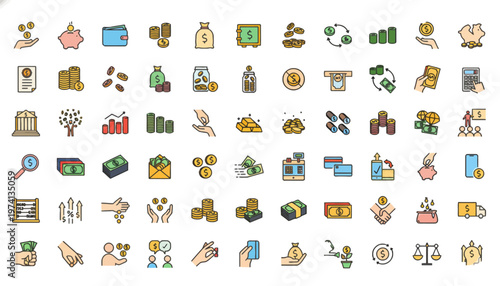 Financial icons representing various aspects of money management, savings, income, and investment concepts with detailed illustrations for business and finance contexts