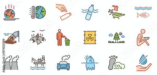 Environmental pollution and climate change icons illustrating ecological threats and conservation efforts