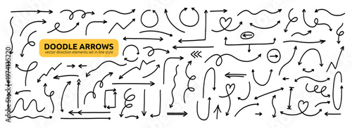 Doodle Thin Line Arrow Icon Set. Handdrawn Spiral Down Arrow Shape Kit. Hand Drawn Vector Illustration