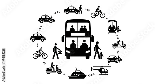 Diverse modes of transportation and people in a circular arrangement.