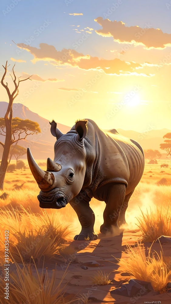 Fototapeta premium A large rhino walks through a savannah during sunset