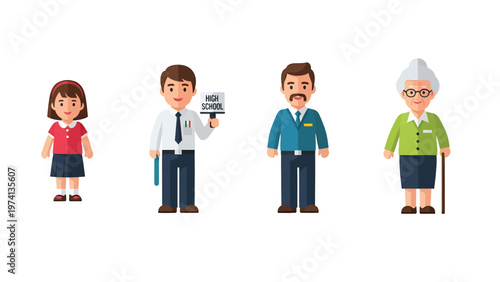 Flat design vector characters showing different generations and life stages: child, student, adult, and senior woman