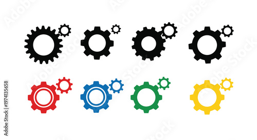 Colorful gear icons in various sizes and arrangements on a white background