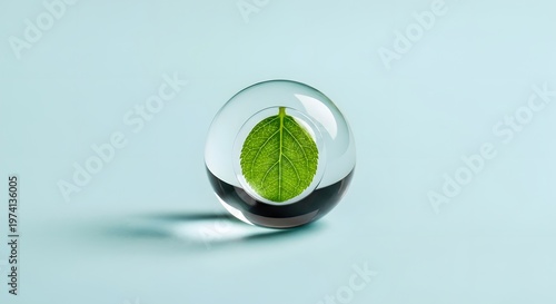 Green leaf inside glass sphere, environmental conservation concept, crystal ball on blue background