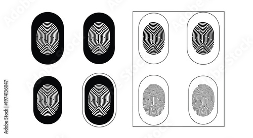 Four pairs of fingerprints alternating black and white designs in oval frames