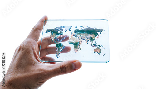 Global Virus Tracking, a hand holding an ultra-thin glass tablet projecting a 3D world map with viral spread tracking lines.