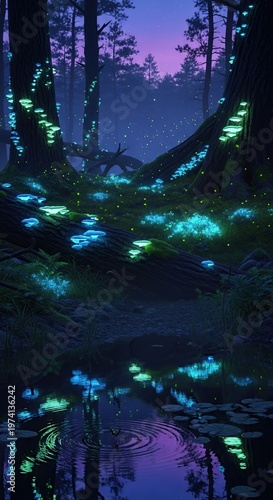 Enchanting Forest Scene with Glowing Bioluminescent Flora.