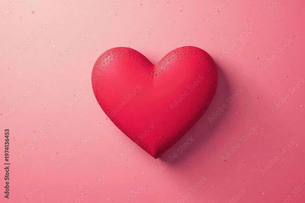 Obraz premium A vibrant crimson heart rests gently on a soft pink background, speckled with delicate, tiny particles. The heart's textured surface adds depth and visual interest, creating a captivating image.