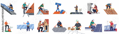 Set of professional technicians and roofers performing solar panel installation, maintenance, and cleaning services for sustainable residential energy systems.
