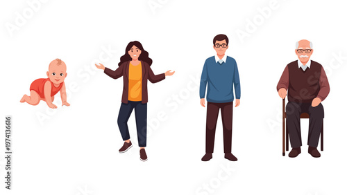 Human life stages: baby, young adult, middle-aged person, and senior. Generational aging process vector illustration on white background.