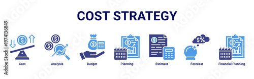 Cost Strategy web banner icon vector illustration with icons of Cost,Analysis,Budget,Planning,Estimate,Forecast and Financial Planning