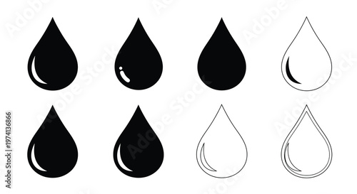 Black and white droplet icons in various shapes and orientations
