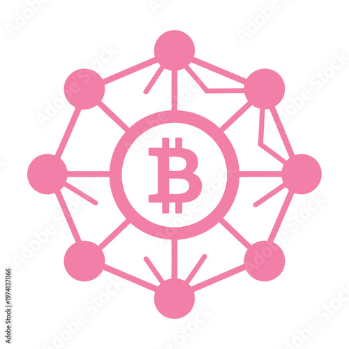Pink vector of a bitcoin symbol surrounded by interconnected nodes