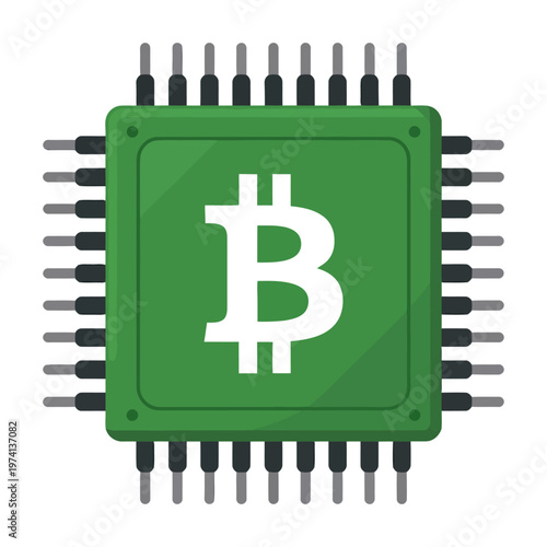 Vector of a green microchip with a bitcoin logo in the center