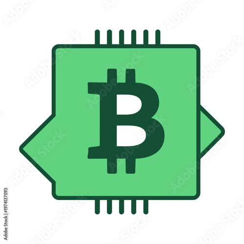 Green vector icon featuring a stylized bitcoin logo centered on a circuit board