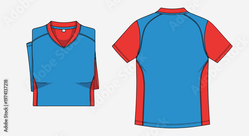 Vector t-shirt design, blue and red shirt template, front and back view, fashion illustration, clothing mockup